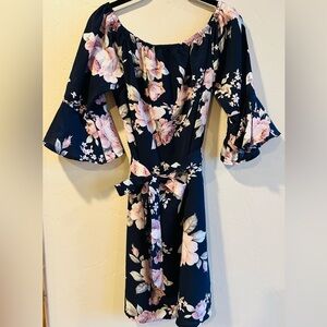 NWT SVALIY Navy Floral Off-Shoulder Ruffle Dress Tie Waist | L